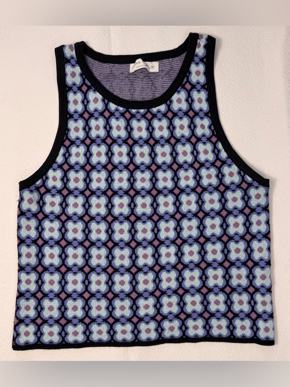 Miss Love Knit Tank Top Floral Pattern Purple Black Size M Y2K Retro